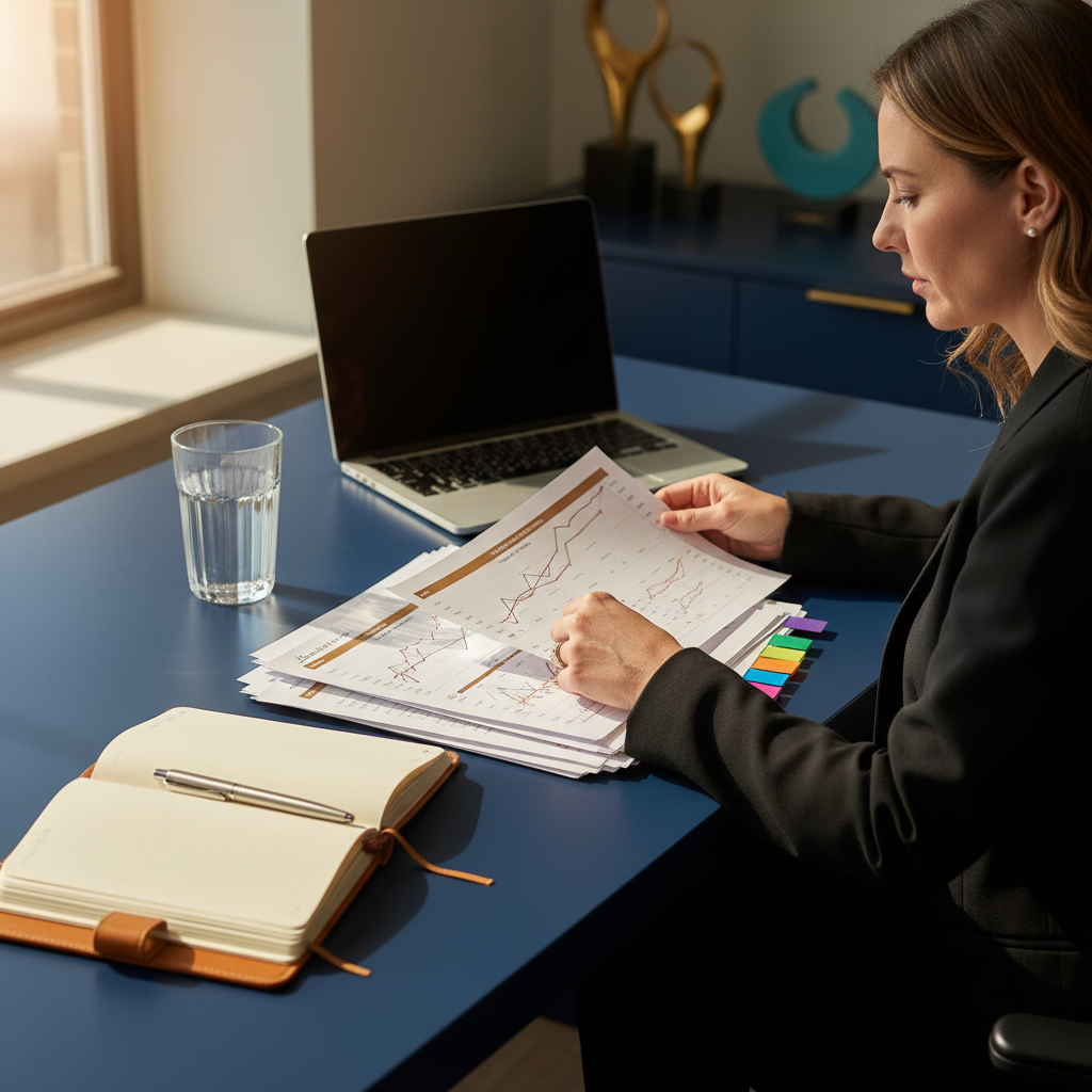 Dental practice owner reviewing financial report with charts and sticky-note tabs on navy desk