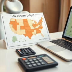 Dental office desk with U.S. state salary map, calculator, and payroll spreadsheet