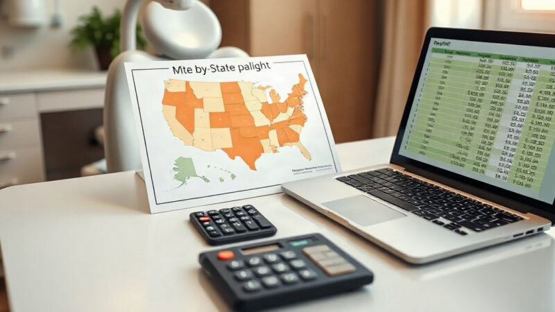 Dental office desk with U.S. state salary map, calculator, and payroll spreadsheet