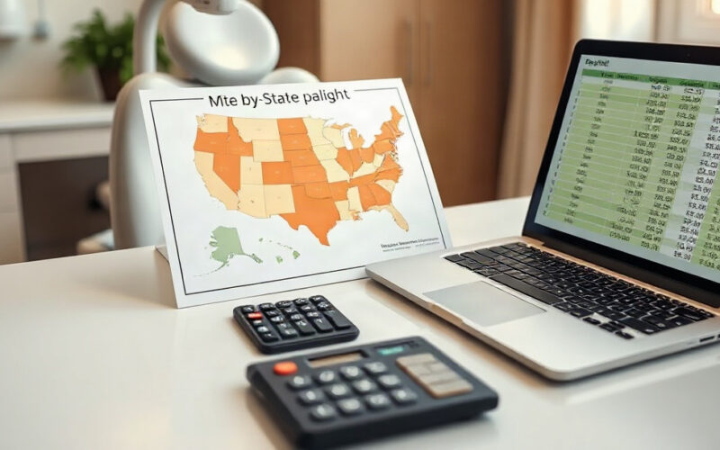Dental office desk with U.S. state salary map, calculator, and payroll spreadsheet