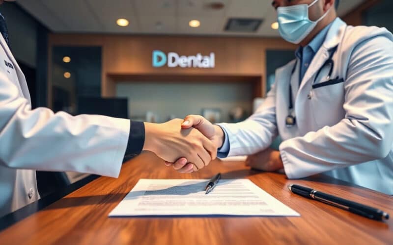 Two dentists reviewing an associate buy-in partnership agreement