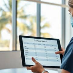Dental hygienist reviewing a Florida salary and compensation chart on a tablet