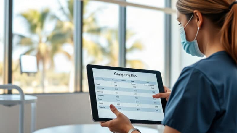 Dental hygienist reviewing a Florida salary and compensation chart on a tablet