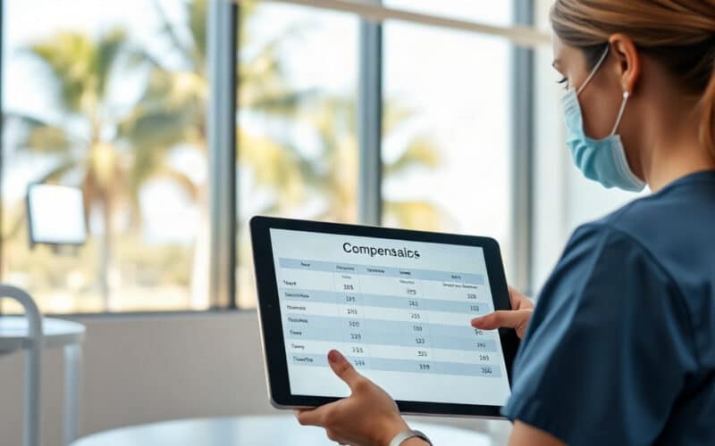 Dental hygienist reviewing a Florida salary and compensation chart on a tablet