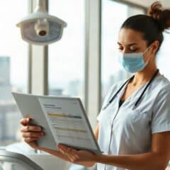 Dental hygienist reviewing a New York salary and compensation chart on a tablet