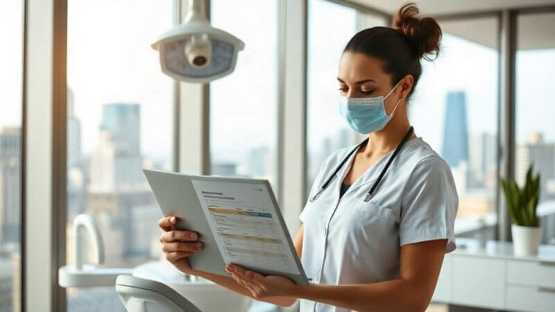 Dental hygienist reviewing a New York salary and compensation chart on a tablet