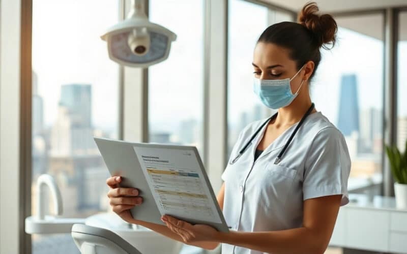 Dental hygienist reviewing a New York salary and compensation chart on a tablet