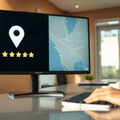 Dental practice front desk monitor showing a local map pin and review rating, representing dental local SEO