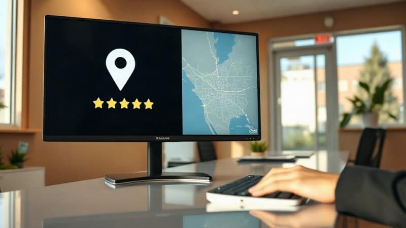 Dental practice front desk monitor showing a local map pin and review rating, representing dental local SEO