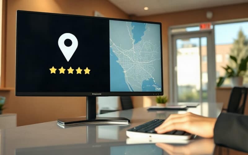 Dental practice front desk monitor showing a local map pin and review rating, representing dental local SEO