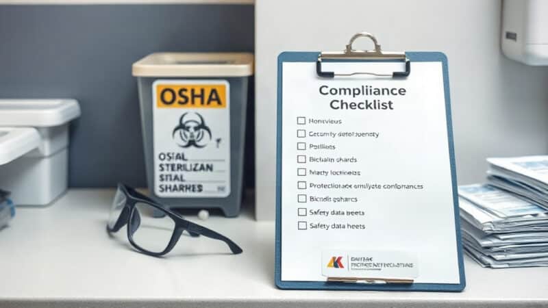 OSHA compliance checklist clipboard on a dental sterilization counter with biohazard sharps container and safety data sheets