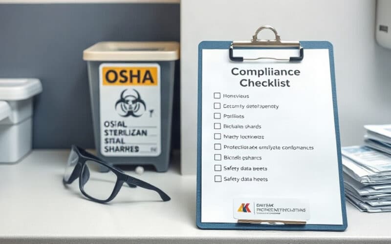 OSHA compliance checklist clipboard on a dental sterilization counter with biohazard sharps container and safety data sheets