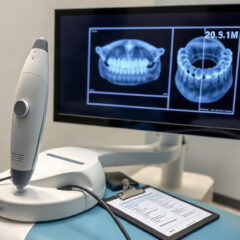 Intraoral scanner beside a chairside monitor showing a digital scan and an ROI break-even chart