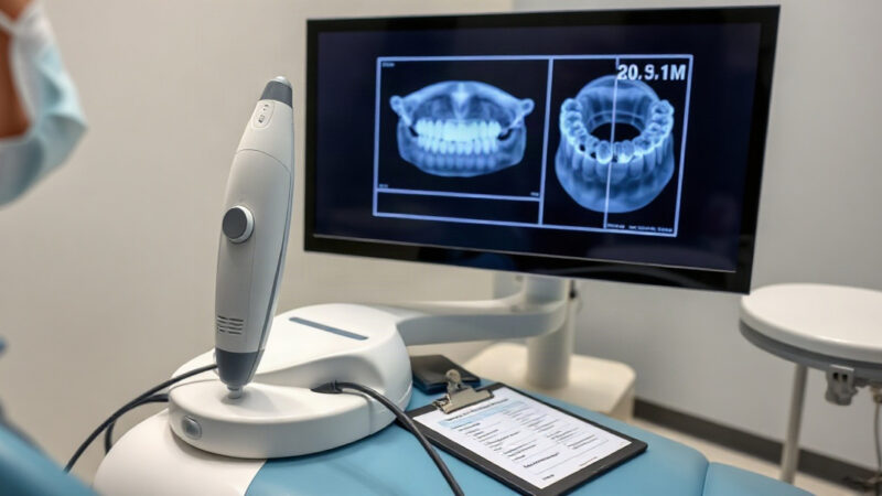 Intraoral scanner beside a chairside monitor showing a digital scan and an ROI break-even chart