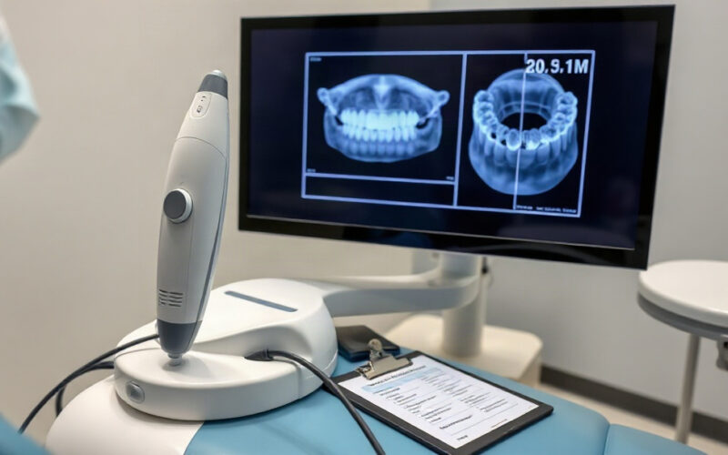 Intraoral scanner beside a chairside monitor showing a digital scan and an ROI break-even chart